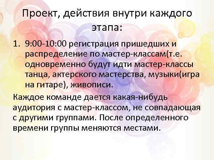 Проект, действия внутри каждого этапа: 1. 9: 00 -10: 00 регистрация пришедших и распределение