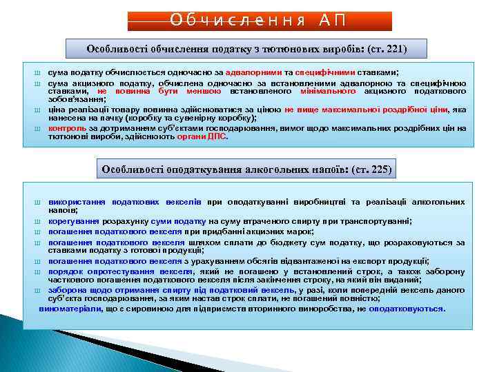 Обчислення АП Особливості обчислення податку з тютюнових виробів: (ст. 221) Ш Ш сума податку