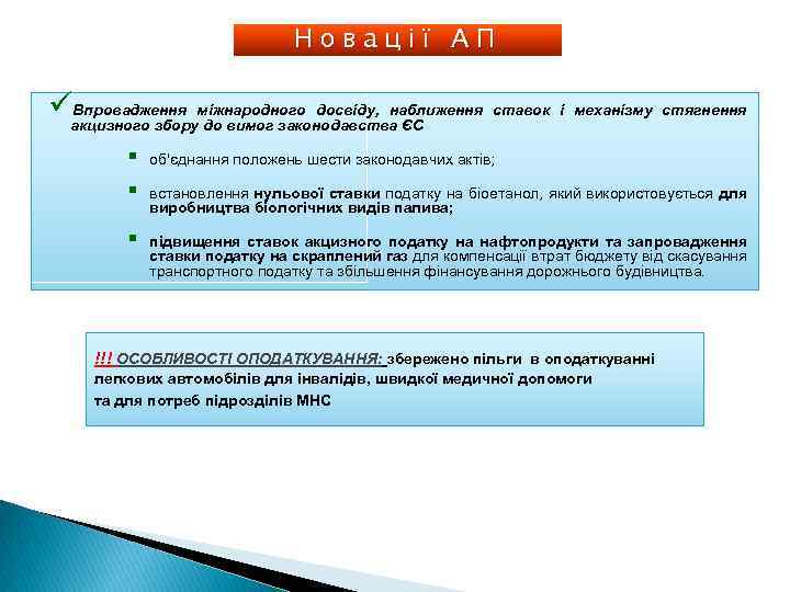 Новації АП üакцизного зборуміжнародного досвіду, наближення Впровадження до вимог законодавства ЄС ставок і механізму