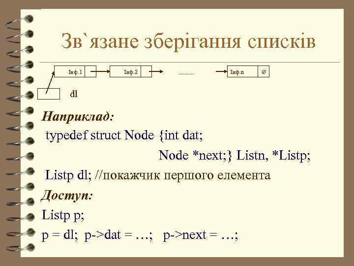 Зв`язане зберігання списків Інф. 1 Інф. 2 Інф. n Ø dl Наприклад: typedef struct