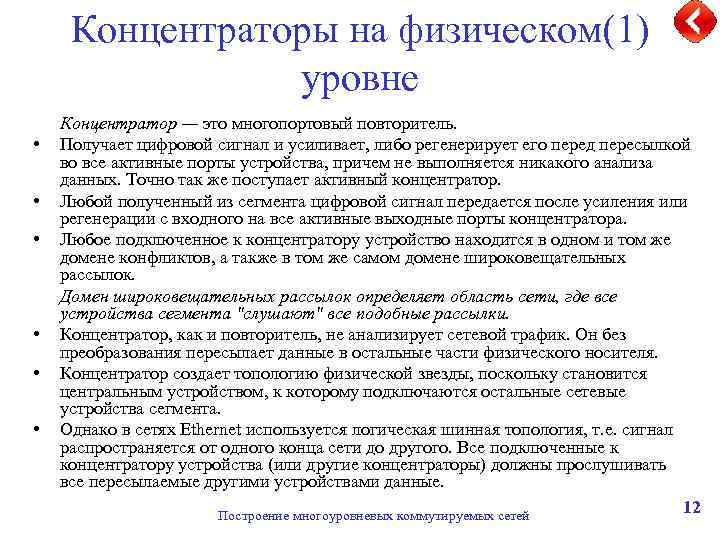 Концентраторы на физическом(1) уровне • • • Концентратор — это многопортовый повторитель. Получает цифровой