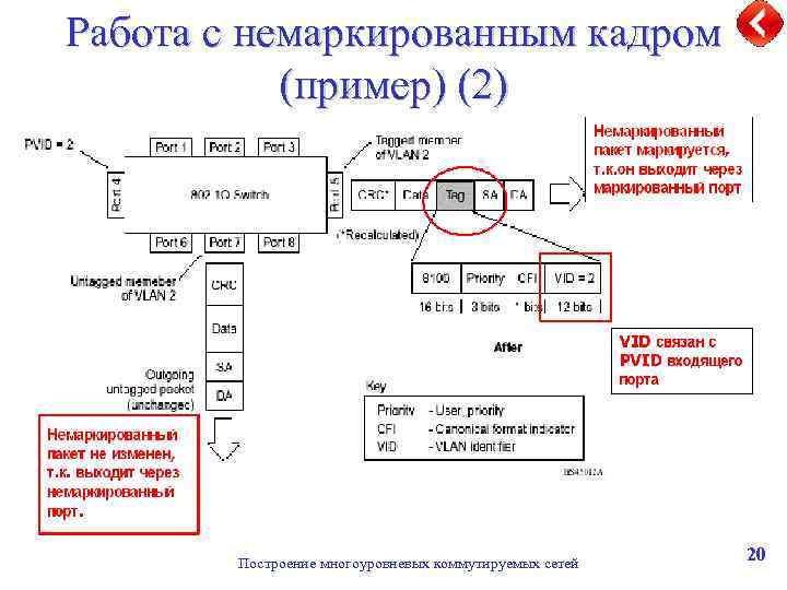 Работа с немаркированным кадром (пример) (2) Построение многоуровневых коммутируемых сетей 20 