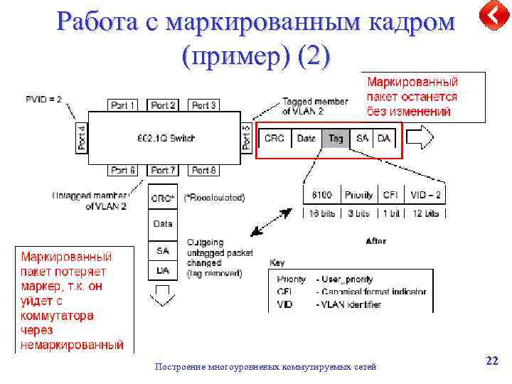 Работа с маркированным кадром (пример) (2) Построение многоуровневых коммутируемых сетей 22 