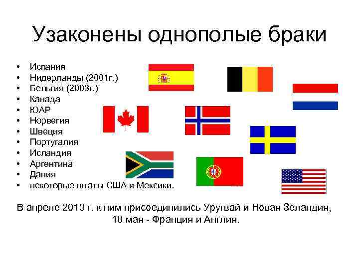 Узаконены однополые браки • • • Испания Нидерланды (2001 г. ) Бельгия (2003 г.