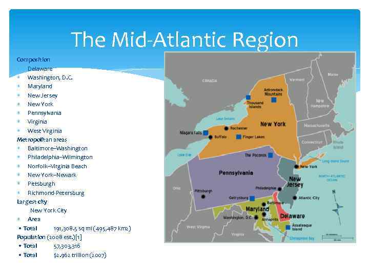 The Mid-Atlantic Region Composition Delaware Washington, D. C. Maryland New Jersey New York Pennsylvania