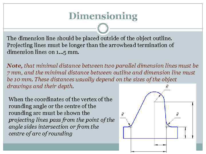 Dimensioning The dimension line should be placed outside of the object outline. Projecting lines