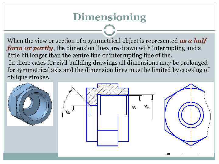 Dimensioning When the view or section of a symmetrical object is represented as a