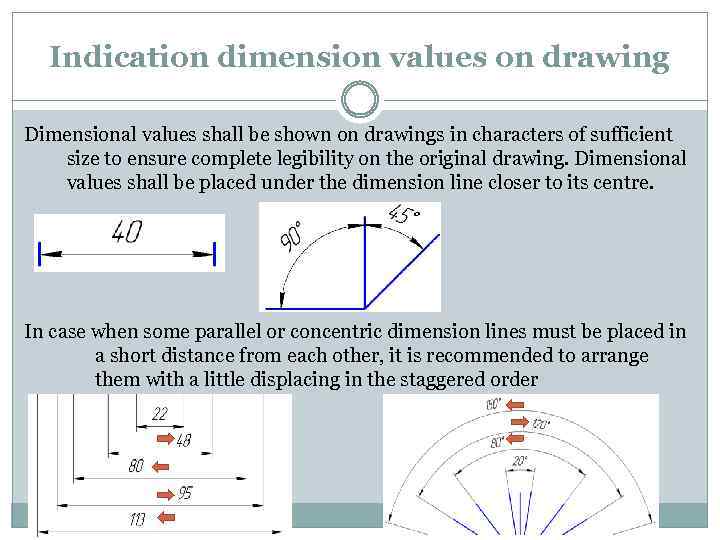 Indication dimension values on drawing Dimensional values shall be shown on drawings in characters