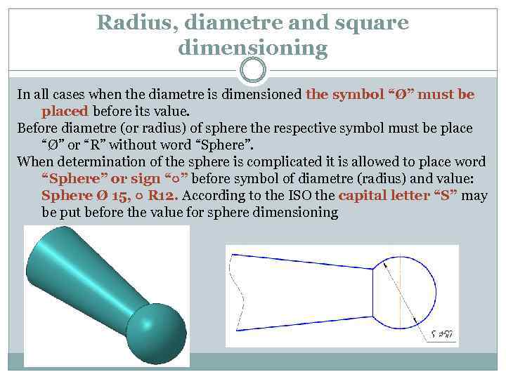 Radius, diametre and square dimensioning In all cases when the diametre is dimensioned the