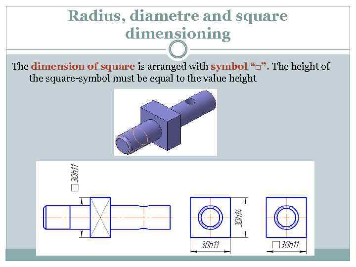 Radius, diametre and square dimensioning The dimension of square is arranged with symbol “□”.