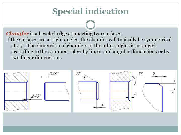 Special indication Chamfer is a beveled edge connecting two surfaces. If the surfaces are