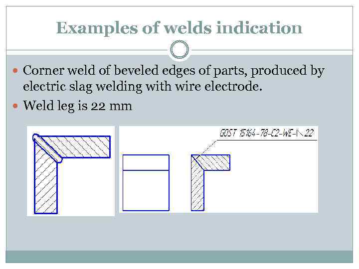 Examples of welds indication Corner weld of beveled edges of parts, produced by electric