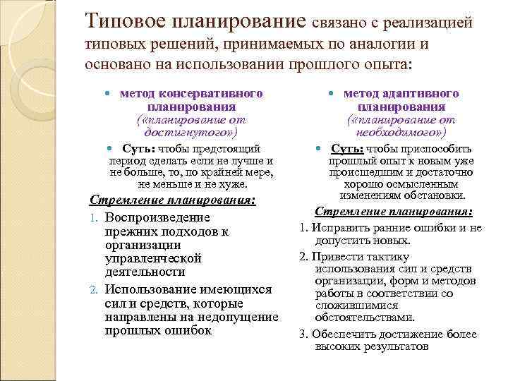 Типовое планирование связано с реализацией типовых решений, принимаемых по аналогии и основано на использовании