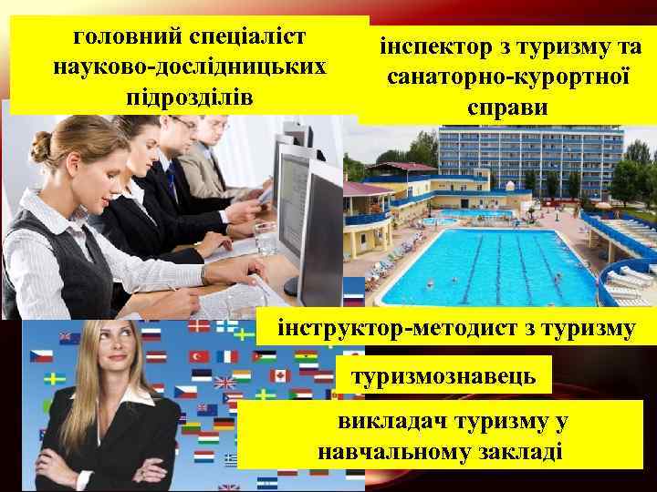 головний спеціаліст науково-дослідницьких підрозділів інспектор з туризму та санаторно-курортної справи інструктор-методист з туризму туризмознавець