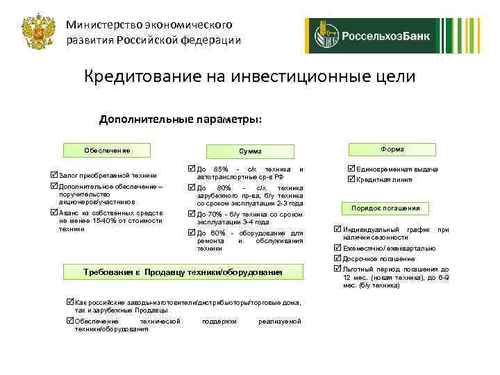 Министерство экономического развития Российской федерации Кредитование на инвестиционные цели Дополнительные параметры: Обеспечение R Залог