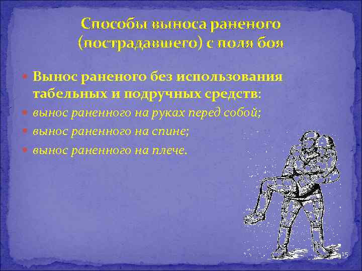 Способы выноса раненого (пострадавшего) с поля боя Вынос раненого без использования табельных и подручных