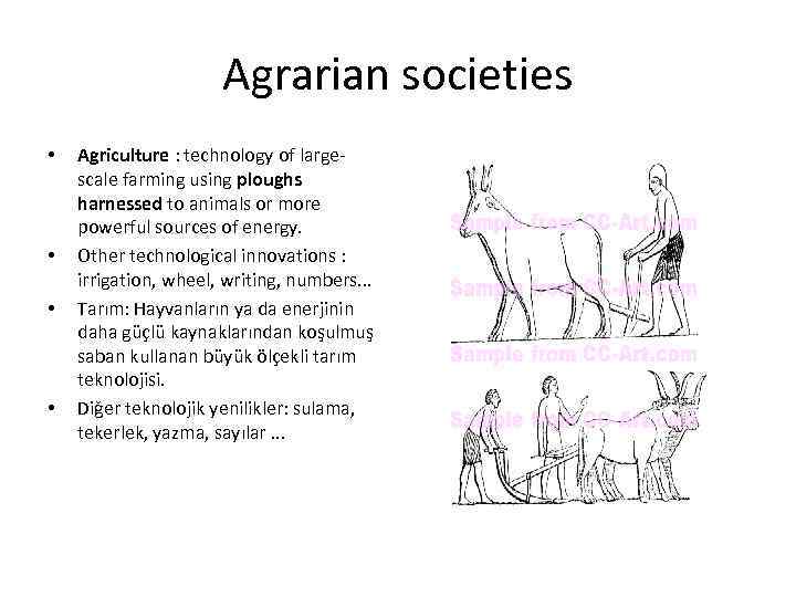 Agrarian societies • • Agriculture : technology of largescale farming using ploughs harnessed to