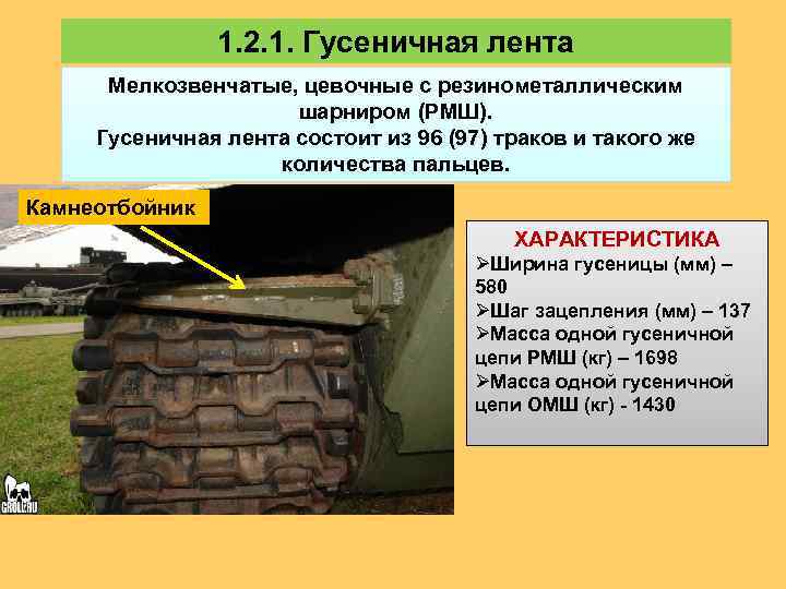 1. 2. 1. Гусеничная лента Мелкозвенчатые, цевочные с резинометаллическим шарниром (РМШ). Гусеничная лента состоит
