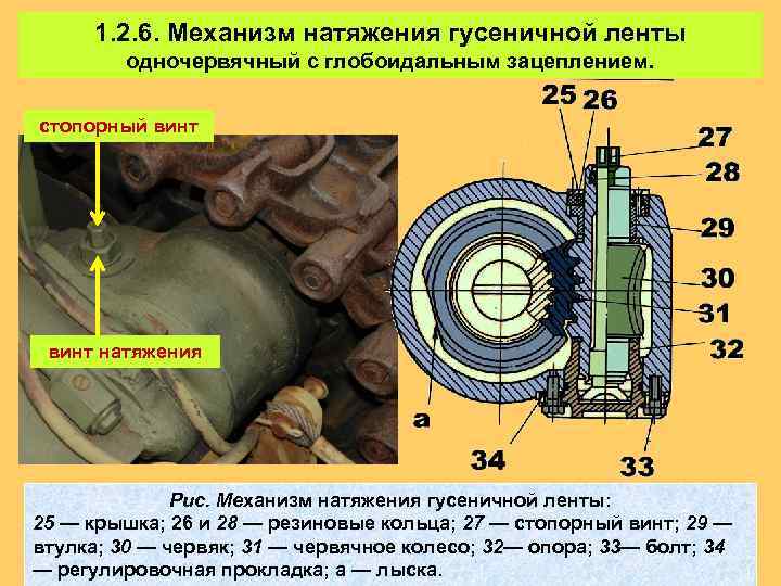 1. 2. 6. Механизм натяжения гусеничной ленты одночервячный с глобоидальным зацеплением. стопорный винт натяжения