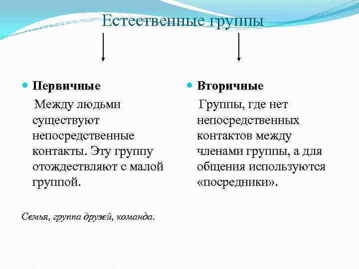 Естественные группы Первичные Между людьми существуют непосредственные контакты. Эту группу отождествляют с малой группой.