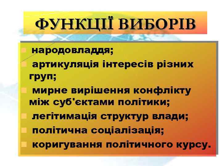 ФУНКЦІЇ ВИБОРІВ народовладдя; n артикуляція інтересів різних груп; n мирне вирішення конфлікту між суб'єктами