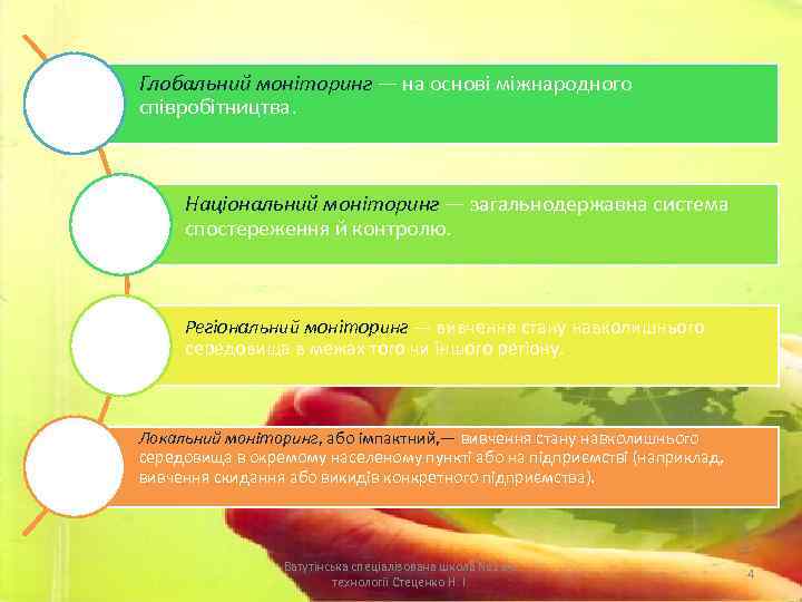 Глобальний моніторинг — на основі міжнародного співробітництва. Національний моніторинг — загальнодержавна система спостереження й