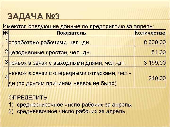 ЗАДАЧА № 3 Имеются следующие данные по предприятию за апрель: № Показатель Количество 1