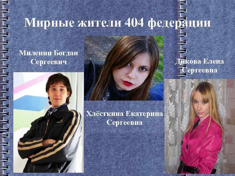 Мирные жители 404 федерации Миленин Богдан Сергеевич Дикова Елена Сергеевна Хлёсткина Екатерина Сергеевна 