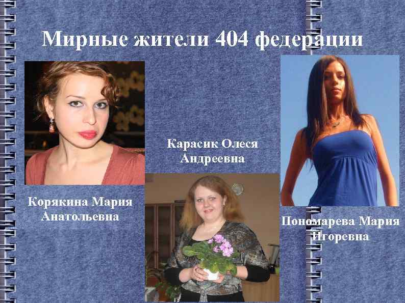 Мирные жители 404 федерации Карасик Олеся Андреевна Корякина Мария Анатольевна Пономарева Мария Игоревна 