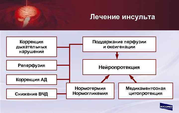 Лечение инсульта Коррекция дыхательных нарушений Поддержание перфузии и оксигенации Реперфузия Нейропротекция Коррекция АД Снижение