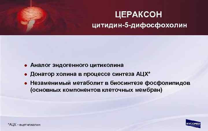 ЦЕРАКСОН цитидин-5 -дифосфохолин l Аналог эндогенного цитиколина l Донатор холина в процессе синтеза АЦХ*