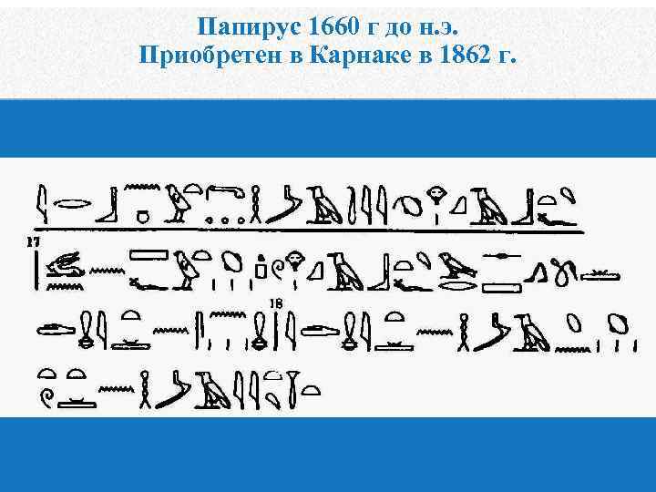 Папирус 1660 г до н. э. Приобретен в Карнаке в 1862 г. 