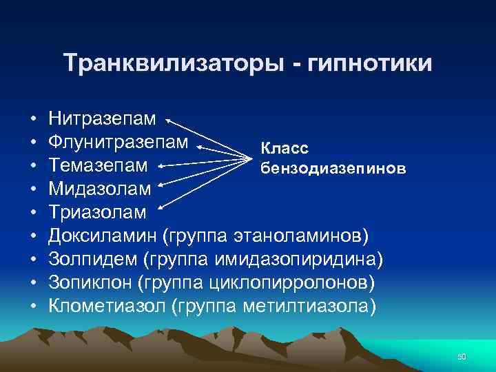Транквилизаторы - гипнотики • • • Нитразепам Флунитразепам Класс Темазепам бензодиазепинов Мидазолам Триазолам Доксиламин