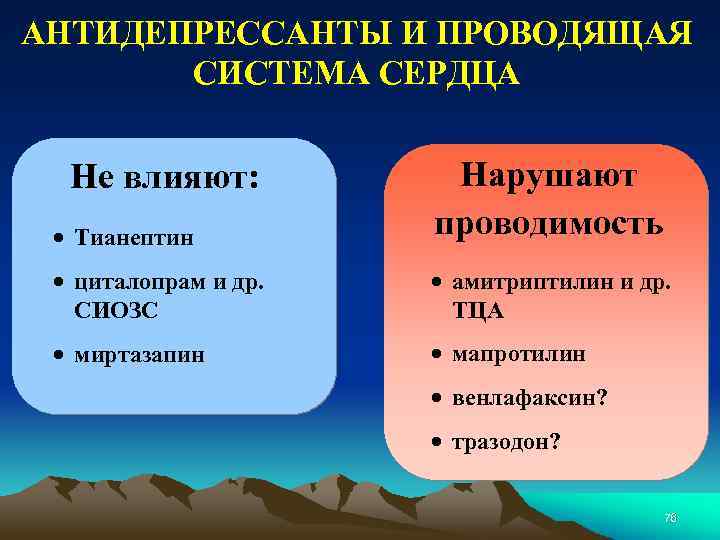 АНТИДЕПРЕССАНТЫ И ПРОВОДЯЩАЯ СИСТЕМА СЕРДЦА • Тианептин Нарушают проводимость • циталопрам и др. СИОЗС