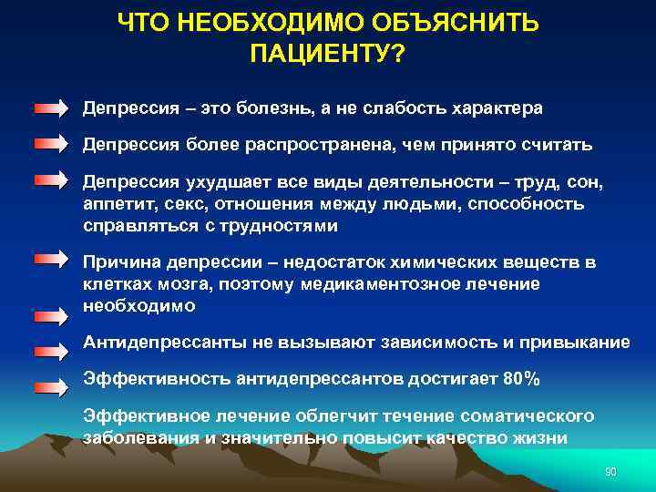 ЧТО НЕОБХОДИМО ОБЪЯСНИТЬ ПАЦИЕНТУ? Депрессия – это болезнь, а не слабость характера Депрессия более