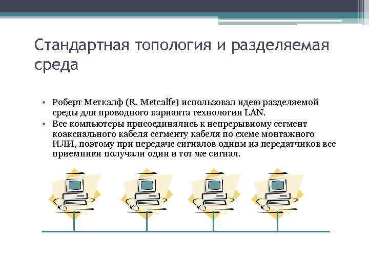 Стандартная топология и разделяемая среда • Роберт Меткалф (R. Metcalfe) использовал идею разделяемой среды