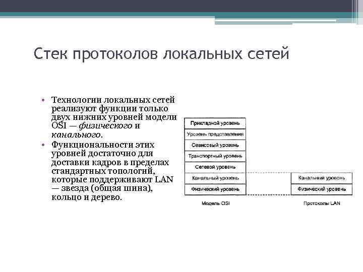 Стек протоколов локальных сетей • Технологии локальных сетей реализуют функции только двух нижних уровней