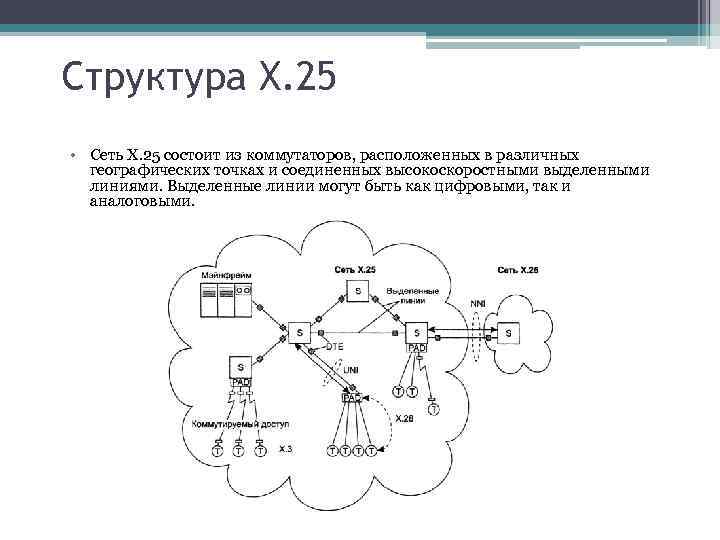 Структура X. 25 • Сеть Х. 25 состоит из коммутаторов, расположенных в различных географических