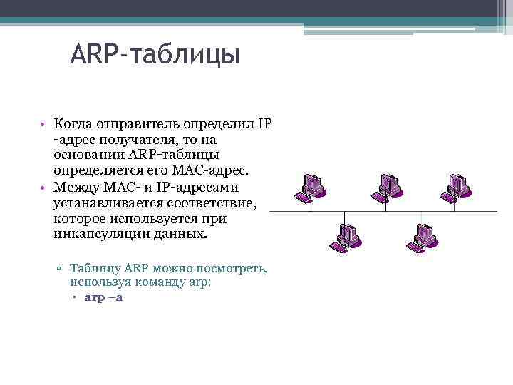 ARP-таблицы • Когда отправитель определил IP -адрес получателя, то на основании ARP-таблицы определяется его