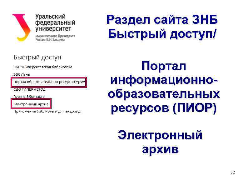 Раздел сайта ЗНБ Быстрый доступ/ Портал информационно. ПИ образовательных ресурсов (ПИОР) Электронный архив 32