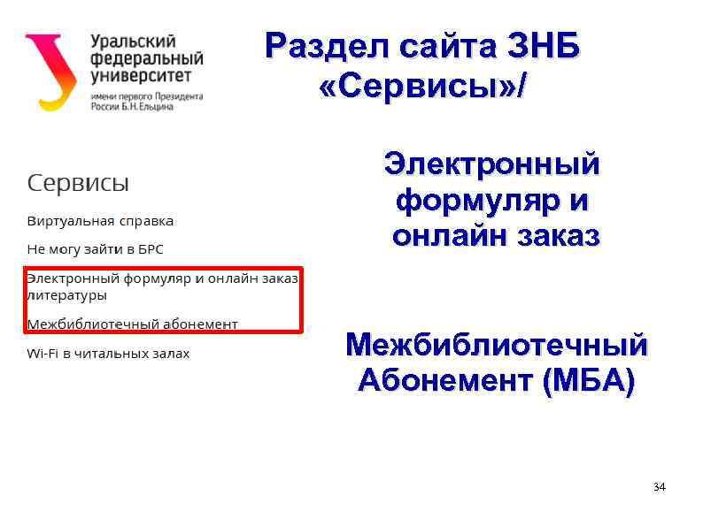 Раздел сайта ЗНБ «Сервисы» / Электронный формуляр и онлайн заказ Межбиблиотечный Абонемент (МБА) 34