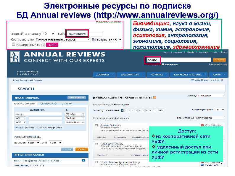 Электронные ресурсы по подписке БД Annual reviews (http: //www. annualreviews. org/) Биомедицина, наука о