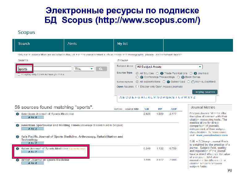 Электронные ресурсы по подписке БД Scopus (http: //www. scopus. com/) 90 