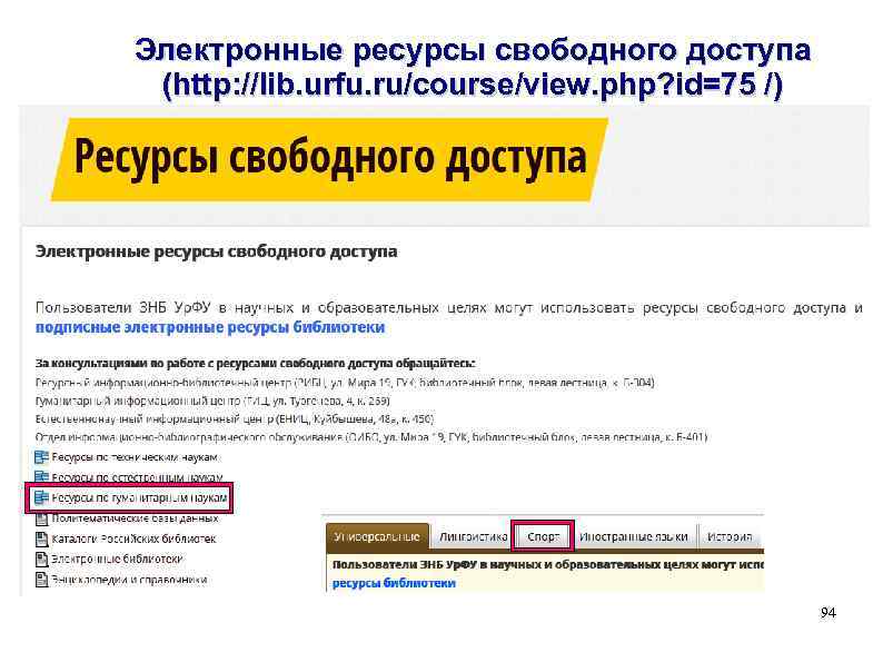 Электронные ресурсы свободного доступа (http: //lib. urfu. ru/course/view. php? id=75 /) 94 