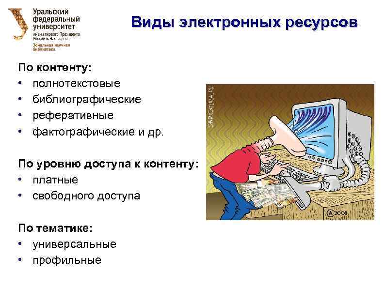 Виды электронных ресурсов По контенту: • полнотекстовые • библиографические • реферативные • фактографические и