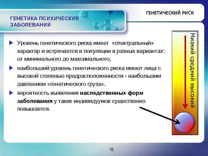 ГЕНЕТИЧЕСКИЙ РИСК ГЕНЕТИКА ПСИХИЧЕСКИХ ЗАБОЛЕВАНИЙ u наибольший уровень генетического риска имеют лица с высокой