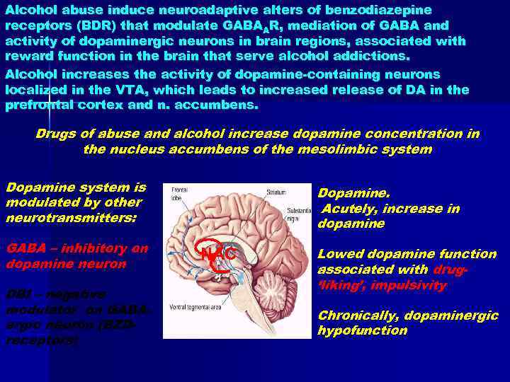 Alcohol abuse induce neuroadaptive alters of benzodiazepine receptors (BDR) that modulate GABAAR, mediation of