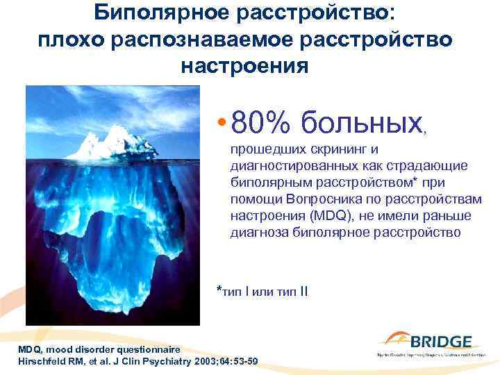 Биполярное расстройство: плохо распознаваемое расстройство настроения • 80% больных, прошедших скрининг и диагностированных как