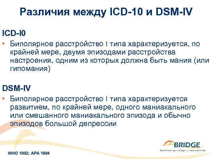 Различия между ICD-10 и DSM-IV ICD-I 0 • Биполярное расстройство I типа характеризуется, по