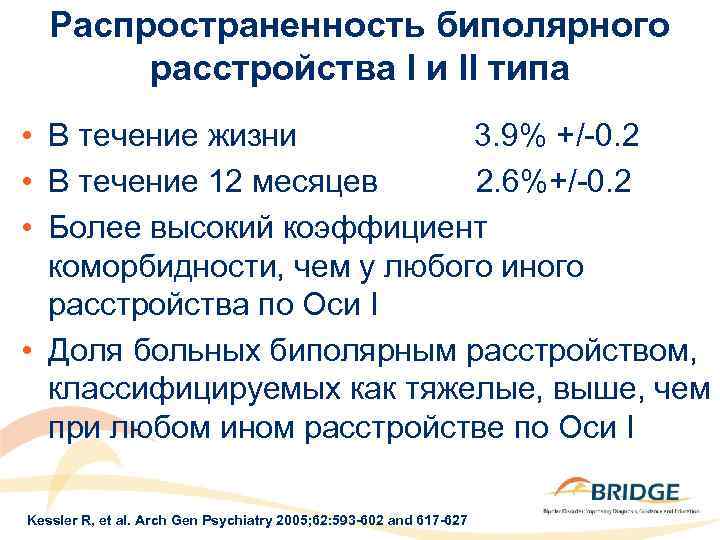 Распространенность биполярного расстройства I и II типа • В течение жизни 3. 9% +/-0.